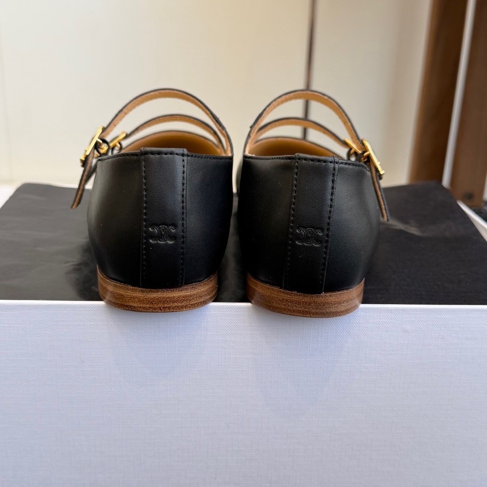 Women's CELINE Mary Jane Double Strap Leather Flats in Black with Gold Hardware - Picture 5 of 6